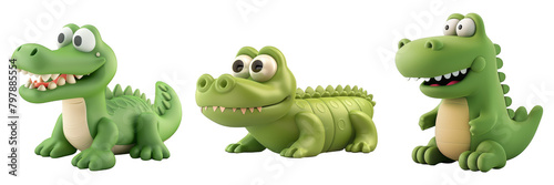 PNG crocodile 3d icons and objects collection, in cartoon style minimal on transparent, white background, isolate photo