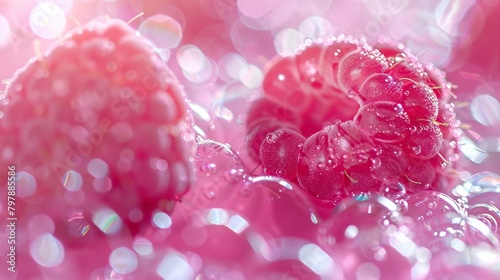 Close-up of dew-covered raspberries on a glittery pink background