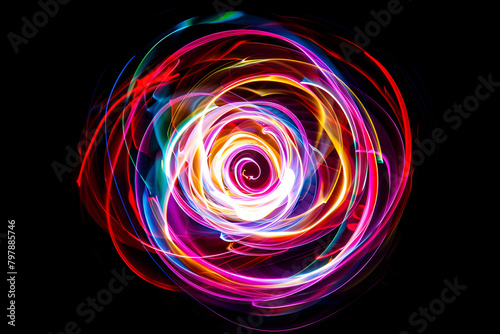 Vibrant neon abstract art with swirling patterns. A colorful masterpiece on black background.