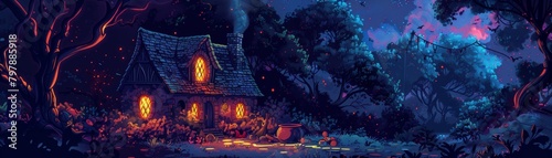 A cozy cottage in the middle of a dark forest. The cottage is lit by a warm fire and there is a full moon in the sky. photo