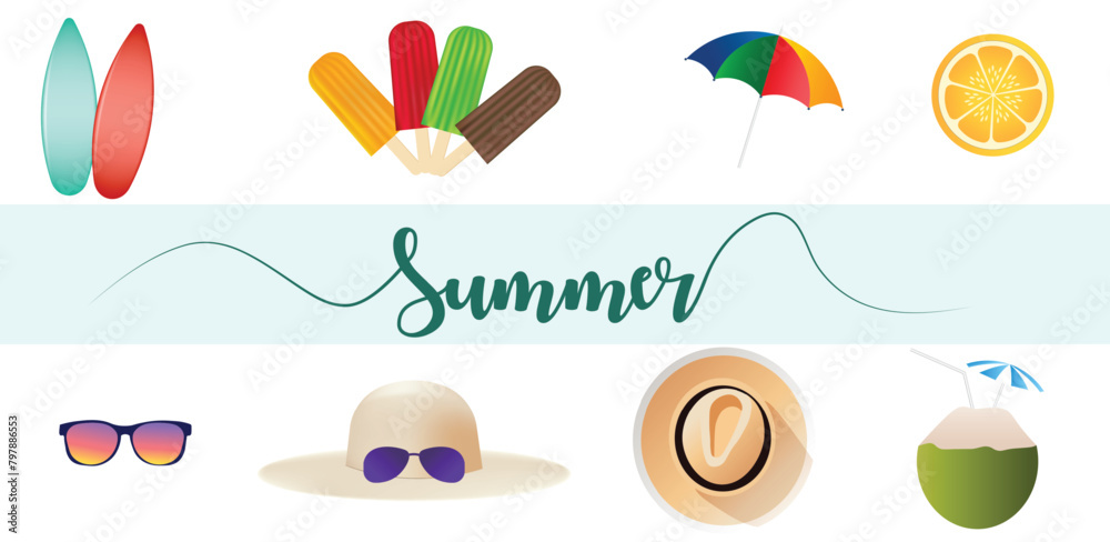 summer foods and beach things vector illustration on white isolated