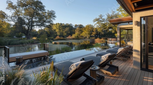 A serene spa terrace overlooking a tranquil lake, with lounge chairs arranged for guests to enjoy the calming waterscape.