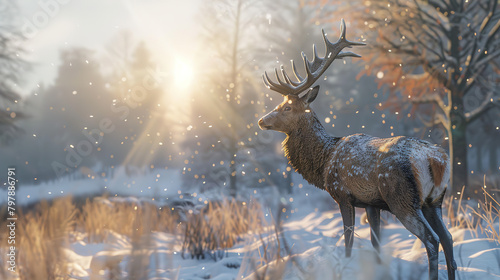 A deer stood in the white snow. With the morning sun In winter  photo