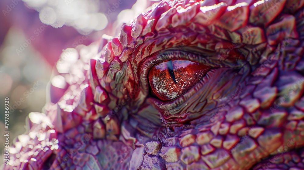 Close up of the eye of a pink dragon, red eyes, scales made in the style of sharp metallic purple spikes