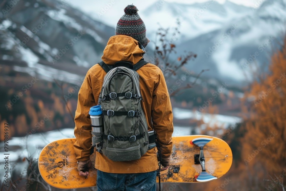 Capturing the adventurous spirit, an individual clad in winter gear holds their snowboard and gazes over a snow-laden mountainous region Capturing the adventurous spirit, an individual clad in winter gear holds their snowboard and gazes over a snow-laden mountainous region