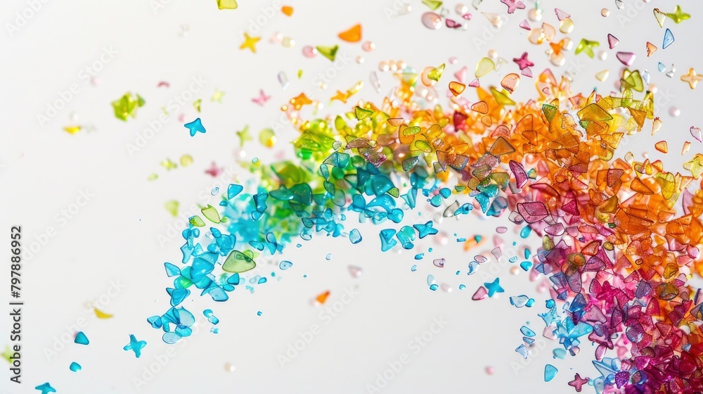 close up of tiny colorful plastic pieces floating in the air on white background, forming an abstract shape that resembles a rainbow with some small stars and leaves.
