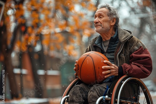 Elderly man sitting in wheelchair, holding a basketball thoughtfully, autumn scene © Pinklife