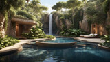 a pool in a jungle setting with a waterfall in the background