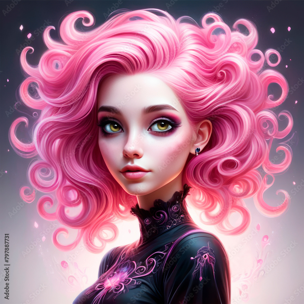 An illustration of a cartoon girl with thick curly pink hair