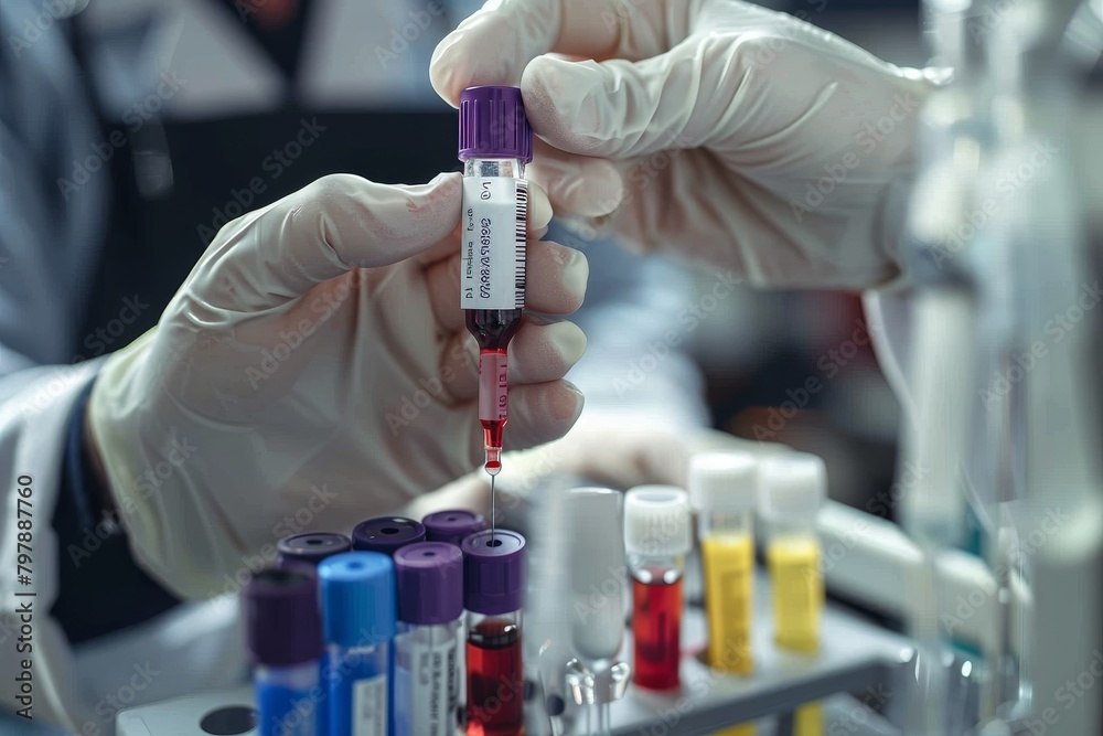 A healthcare professional labels a blood sample in a lab, highlighting accuracy and attention to detail in medical testing