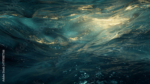 An abstract, fluid art piece evoking the calm and mystery of deep ocean waters, with dark blues and shimmering gold like sunlight on the surface. Deep and contemplative.