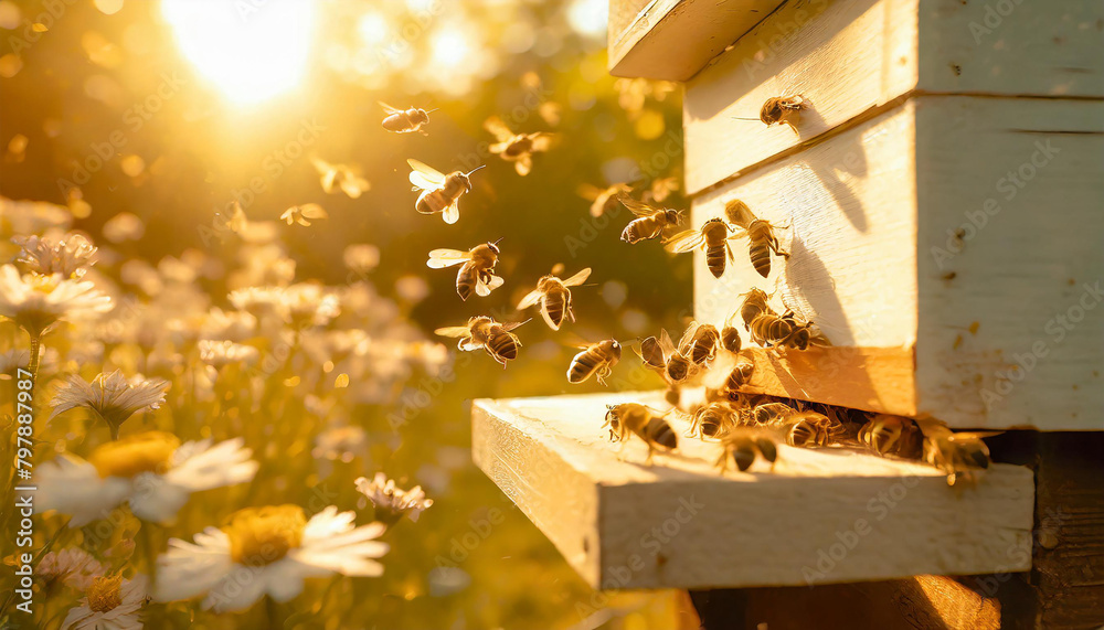 A swarm of bees flying over the hive and collecting nectar from flowers during the golden hour. Background with empty space for text. Generative AI