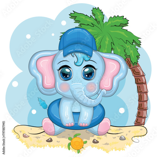 Cute cartoon elephant, child character with beautiful eyes, wearing flippers and mask, on the beach and on vacation