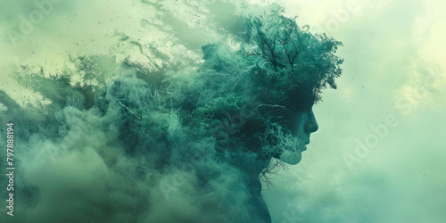 Artistic portrayal of a human profile blended with a lush tree, evoking a dreamlike forest atmosphere photo