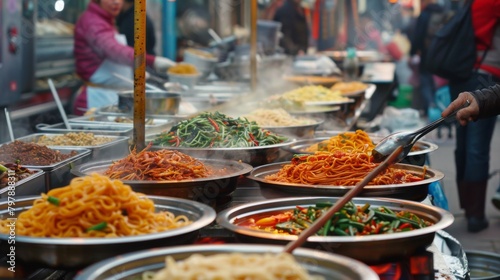 A street food market bustling with vendors selling various types of spicy noodles, enticing passersby with their aromatic offerings.