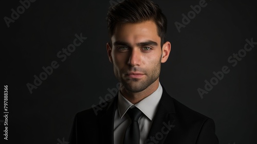 Close-up a businessman in a black suits and black necktie. Elegant handsome against a black background.