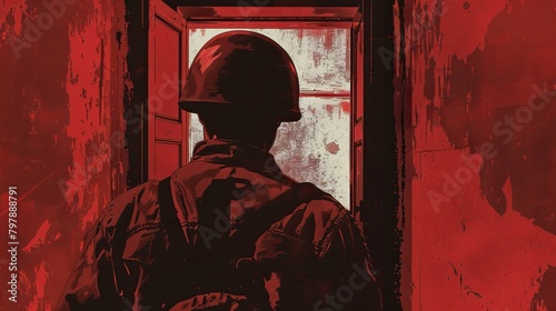 A man in a military uniform stands in front of a door