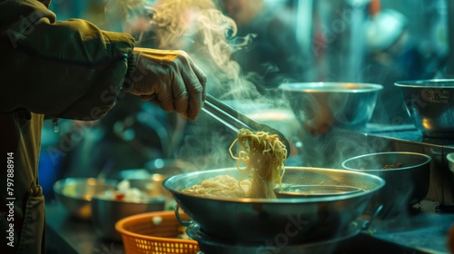 A street food vendor skillfully ladling broth over a bowl of noodles, the steam rising as the fragrant aroma of spices fills the air.