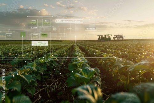 Smart farming technology in soybean field: Tractors equipped with advanced systems at sunrise photo