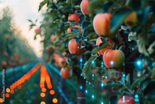 Enchanting evening in a high-tech apple orchard with vivid LEDs illuminating ripe fruit on trees