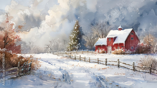 A watercolor painting of a red barn in the snow