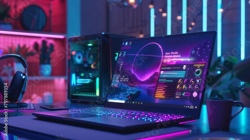 Futuristic gaming setup with neon lights and modern equipment photo