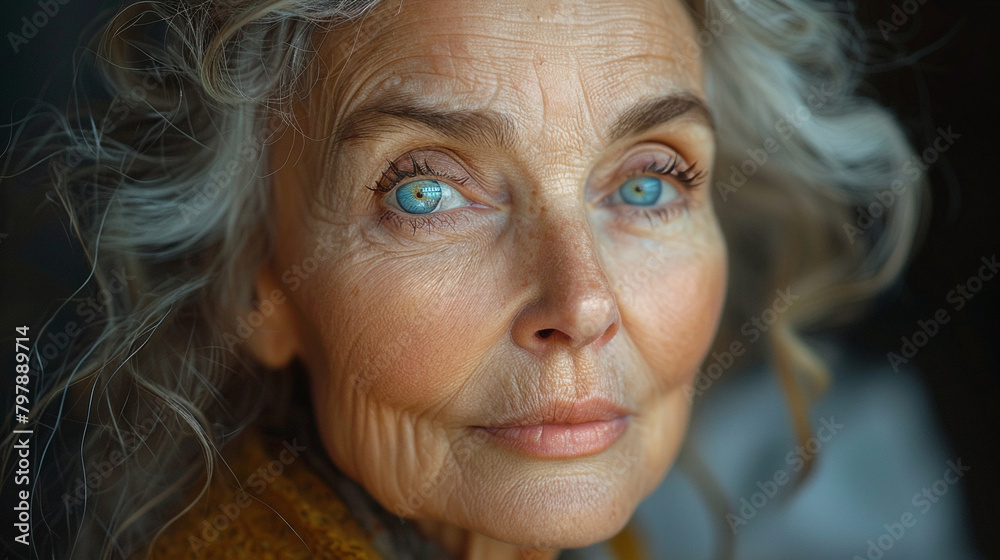 Professional studio photo portrait of a nice pleasant elderly woman, senior, a retiree, with a pronounced emotional expression, widescreen 16:9 Professional studio photo portrait of a nice pleasant elderly woman, senior, a retiree, with a pronounced emotional expression, widescreen 16:9