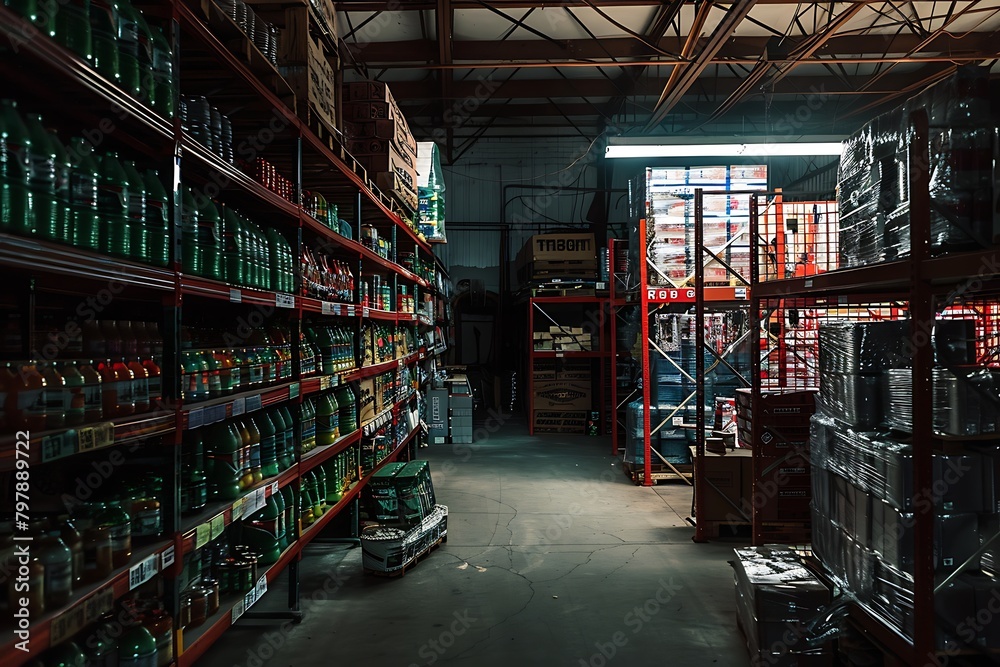 A warehouse racks loaded with goods .