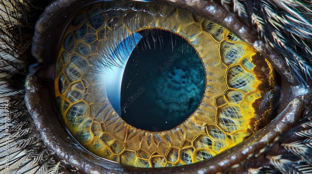 Extreme close up of an owl's eye, a reflection in the iris is yellow and blue, a golden feather falls on it