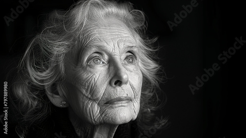 Professional studio photo portrait of a nice pleasant elderly woman, senior, a retiree, with a pronounced emotional expression, widescreen 16:9