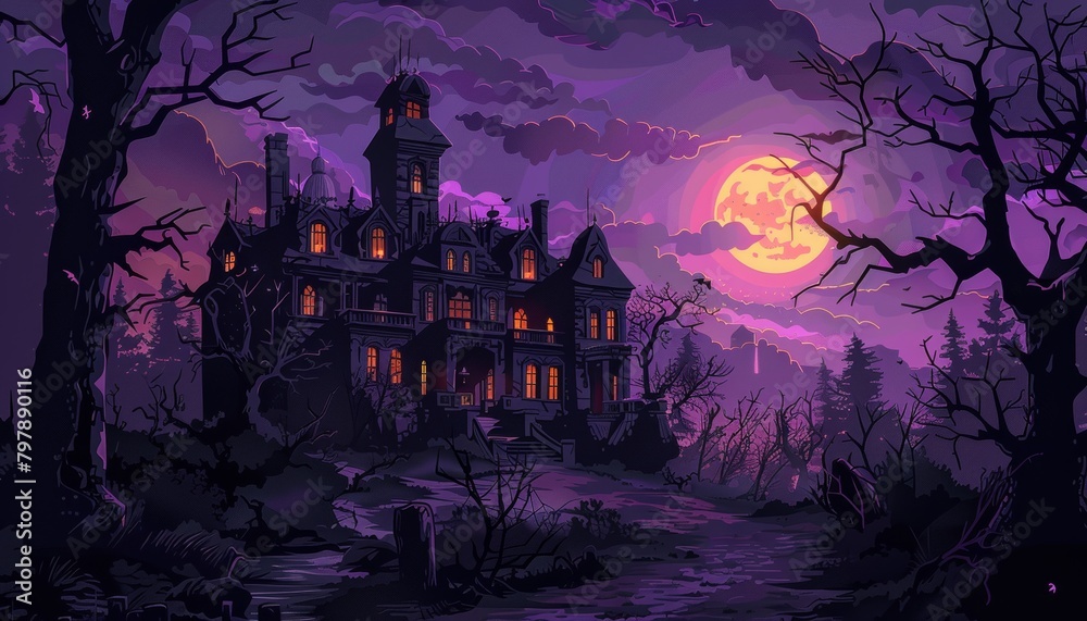 A haunted house with a full moon in the purple dark sky background