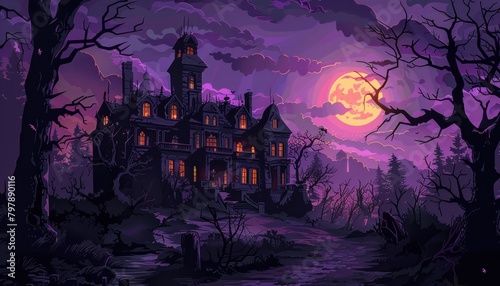 A haunted house with a full moon in the purple dark sky background photo