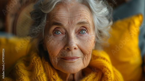 Professional studio photo portrait of a nice pleasant elderly woman, senior, a retiree, with a pronounced emotional expression, widescreen 16:9