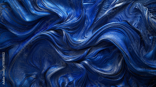 An abstract, luxurious seascape, where deep indigo blue swirls interlace with glimmering platinum powder, evoking the depth and mystery of the ocean. photo