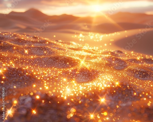 A desert where the sand is made of tiny  shimmering crystals  reflecting the suns rays  no contrast  clean sharp clean sharp focus 