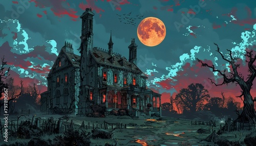 A haunted house with a full moon in the background and spooky atmosphere