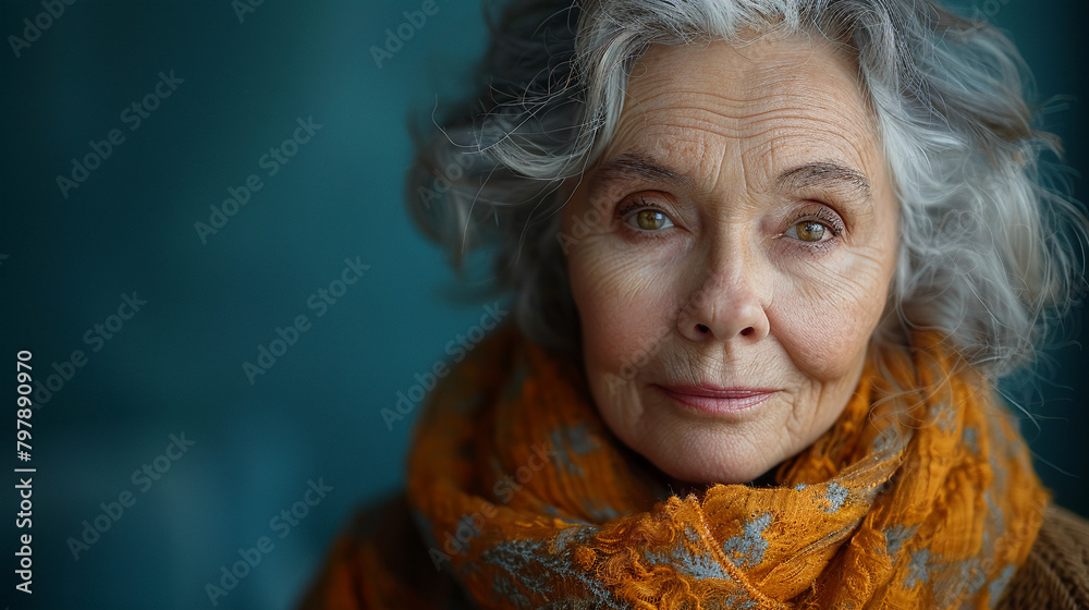 Professional studio photo portrait of a nice pleasant elderly woman, senior, a retiree, with a pronounced emotional expression, widescreen 16:9 Professional studio photo portrait of a nice pleasant elderly woman, senior, a retiree, with a pronounced emotional expression, widescreen 16:9
