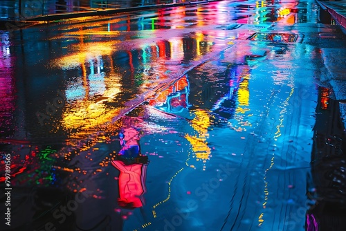 Abstract long exposure photograph of colorful city lights reflected in puddles on a rainy evening  creating a captivating interplay of distorted shapes and light reflections.