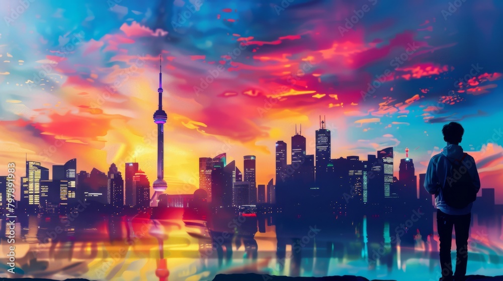 A traveler admiring the skyline of a vibrant city at dusk, with iconic landmarks silhouetted against the colorful sky. A traveler admiring the skyline of a vibrant city at dusk, with iconic landmarks silhouetted against the colorful sky.