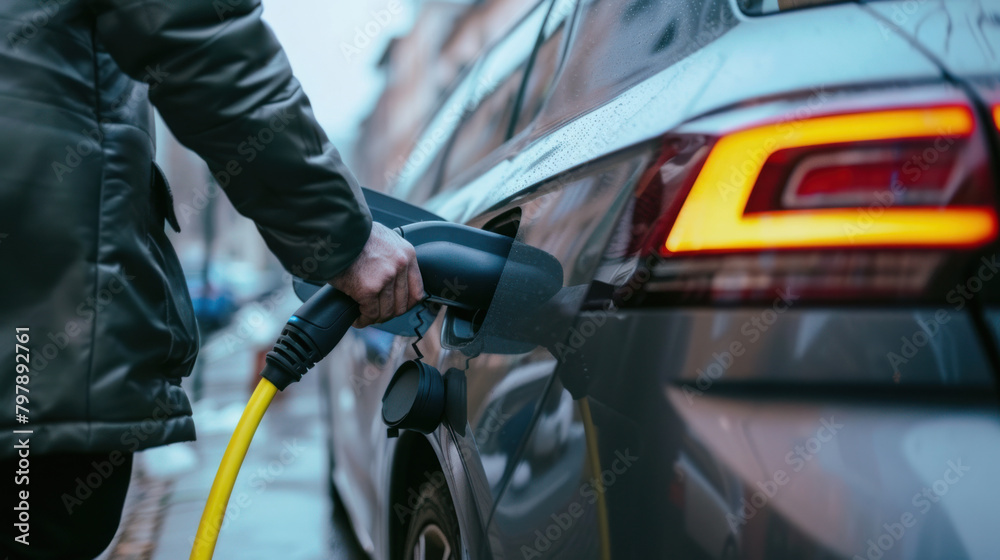 close-up shot of an individual charging an electric car, charging cable connection point and the charging process, sustainable and eco-friendly transportation.