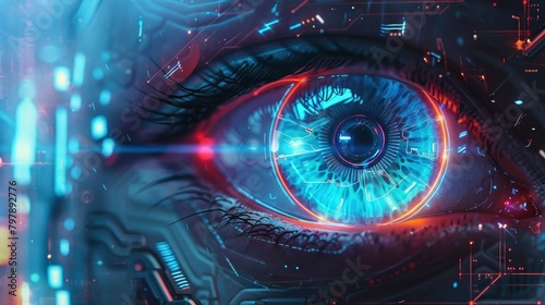 A close up of an eye with a glowing blue iris, the background is dark and full of digital circuitry.