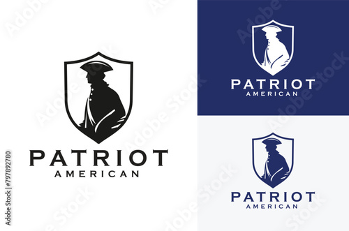 Silhouette of American Patriot Soldier in defense shield shape icon symbol design Vintage Illustration Design