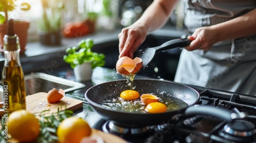 A woman cracking eggs into a frying pan, the sizzle of cooking oil and the aroma of eggs filling the air with culinary promise.