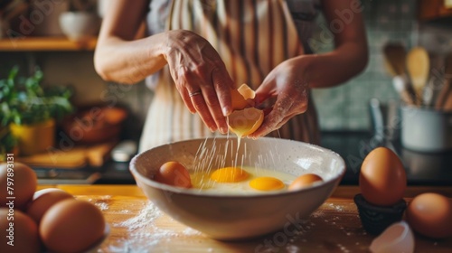 A woman cracking eggs into a mixing bowl, preparing to bake a decadent cake or whip up a batch of fluffy scrambled eggs. photo