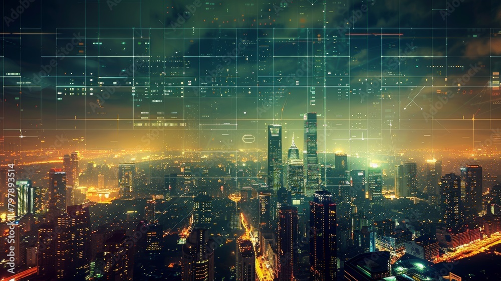 Abstract Grid scape: A photo of a city skyline with a grid pattern overlay