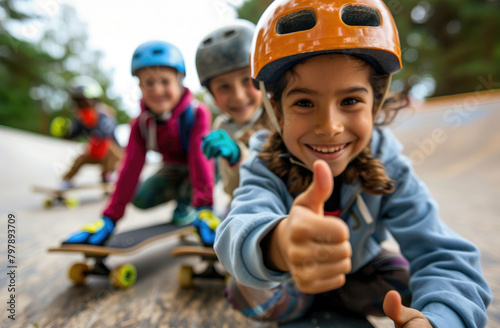 Smiling children with skateboards and helmets on their heads sitting at the edge of an outdoor skatepark
