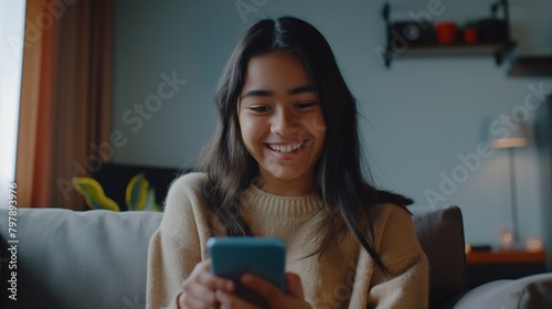 Happy teenage Hispanic girl using a smartphone at home while holding her cell phone. A happy young Latina blogger who uses apps to order products online and subscribe to new social media platforms.