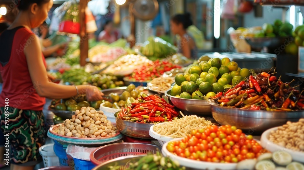 A woman shopping at a bustling Thai market, carefully selecting fresh ingredients for her next homemade Thai culinary masterpiece.