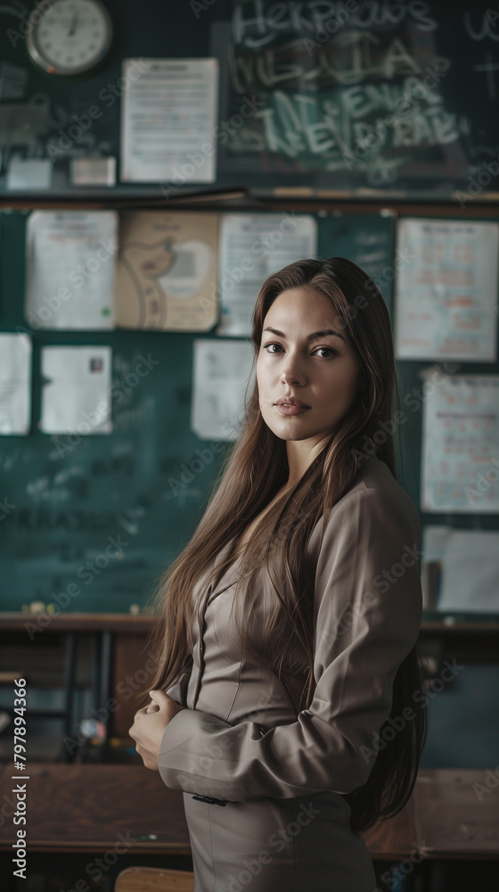 Fototapeta premium Confident female teacher with flowing hair stands in a classroom, projecting professionalism and poise