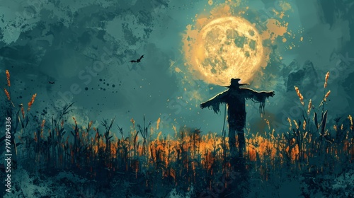 A scarecrow stands in a field of wheat under a full moon. photo